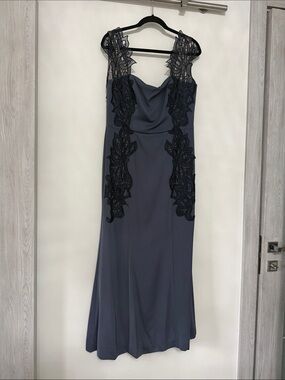 JS Collections Navy Gown with Black Lace Appliqué size L